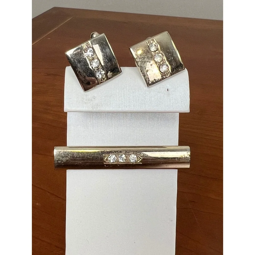 Vintage Silver Tone Rhinestone Cuff Links and Tie Clip Set Mens Formal Jewelry